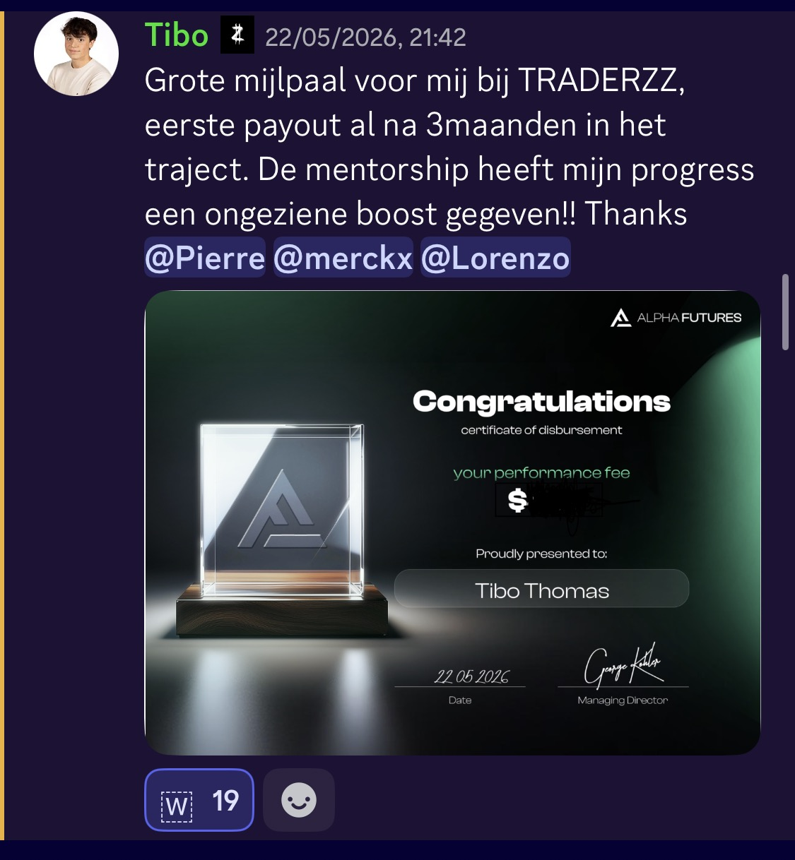 Tibo Thomas, eerste payout