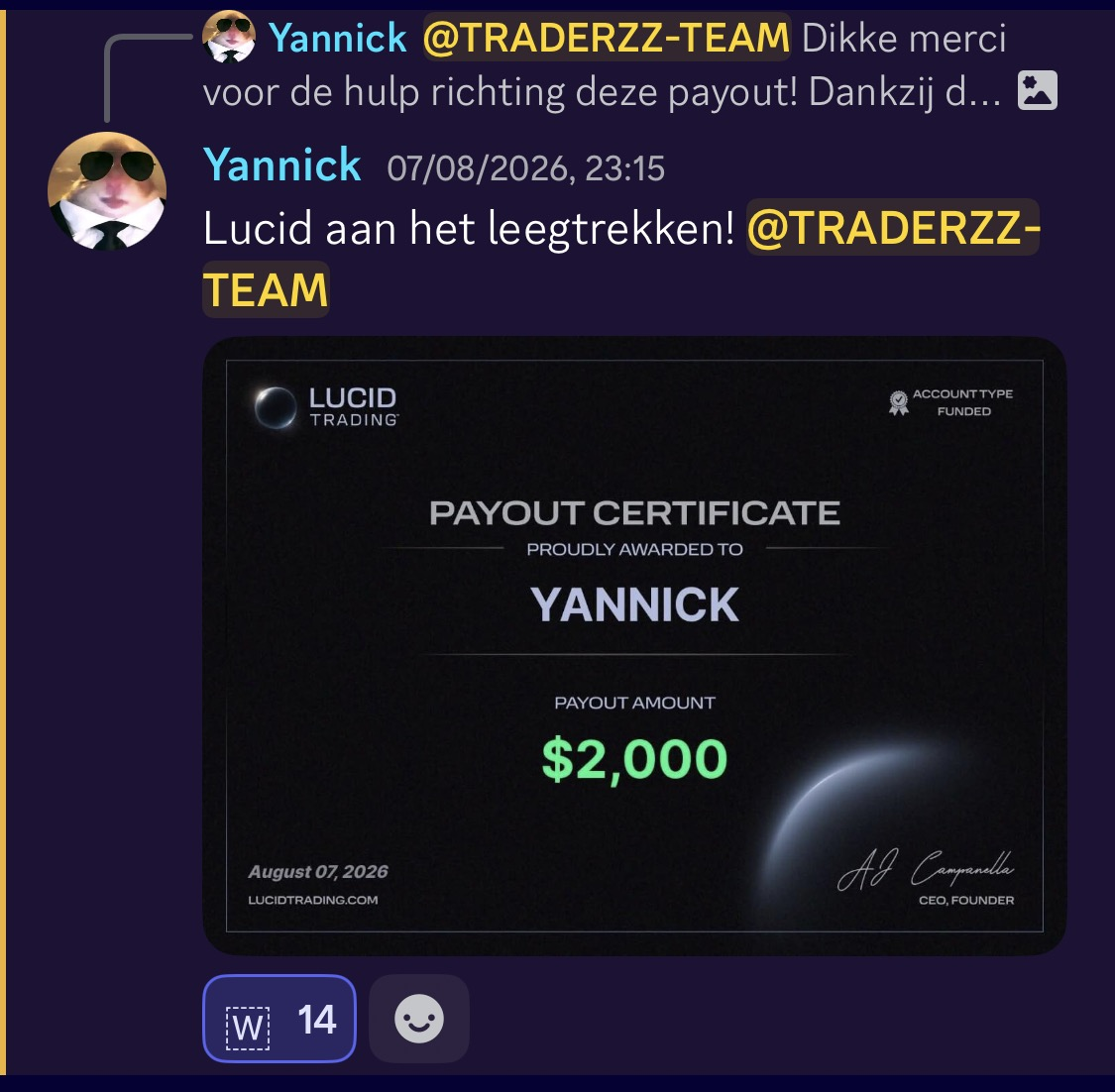 Yannick, $2.000 payout